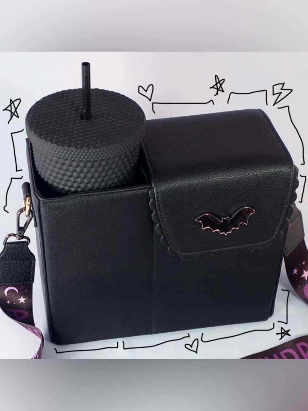 Kate Gabrielle Black Crossbody Bag with Bat Accent